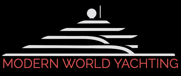 Modern World Yachting logo, black background with white outline of ship and red lettering Modern World Yachting